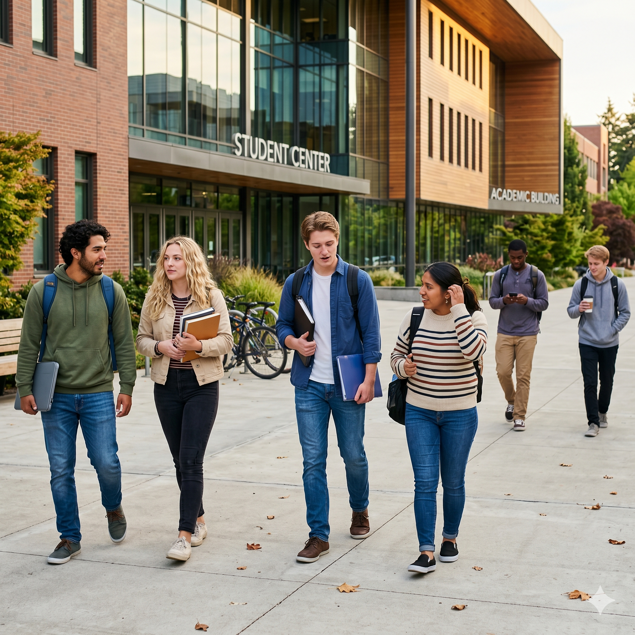 Estudiantes caminando en un campus universitario